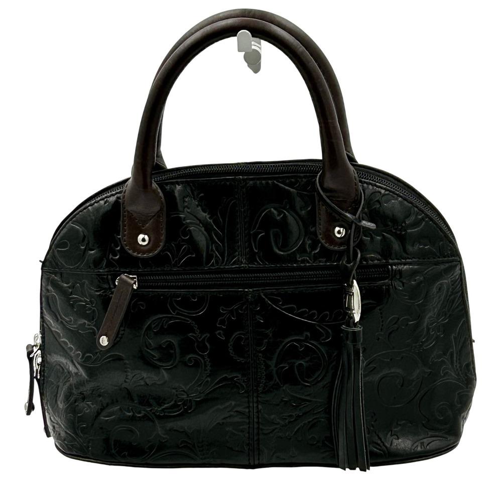Tignanello Leather Satchel Womens Black Embossed Handbag Tassel Classic